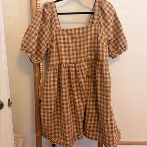 Madewell Gingham Square Neck Puff Sleeve Mini Dress - Pink & Olive